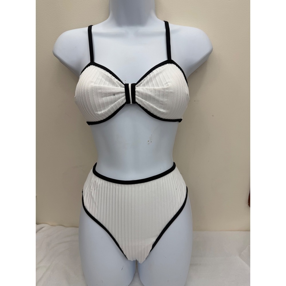 Has Times Bikini Set Womens White Black Ribbed High Waist Bow Two Piece Swim XL